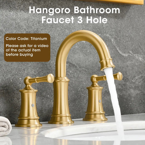 Brushed Gold 8 Inch Three Hole Bathroom Faucet With Pop Up Drain And Two Supply Hoses For Vanity Lavatory RV Farmhouse