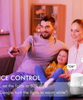 Family using voice control for 12 Inch LED Smart Flush Mount Ceiling Light With 20W Tunable White 2700K To 6500K RGB Color 16 Million Lit Ambience Voice And App Control With Alexa And Google Home Nickel Satin Finish Easy Ceiling Mount For Living Room Bedroom Or Office