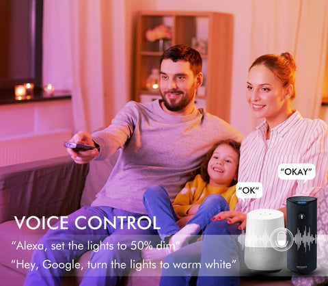 Family using voice control for 12 Inch LED Smart Flush Mount Ceiling Light With 20W Tunable White 2700K To 6500K RGB Color 16 Million Lit Ambience Voice And App Control With Alexa And Google Home Nickel Satin Finish Easy Ceiling Mount For Living Room Bedroom Or Office