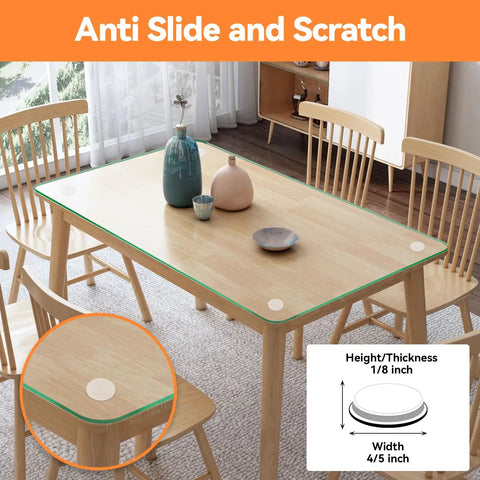Self Adhesive Glass Table Top Anti Slip Pads 18 Pack Round Bumpers on dining table with close-up of clear bumper.