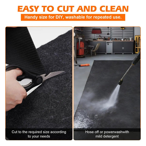Oil Spill Mat For Driveway And Garage Floor 36x60 Heavy Duty Protector shown being cut and power-washed for cleaning