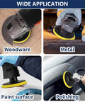 4 Inch Angle Grinder Sanding Discs Kit showing use on wood, metal, paint, and polishing surfaces