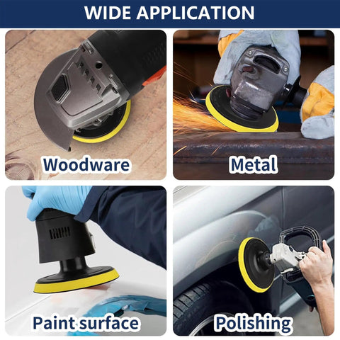 4 Inch Angle Grinder Sanding Discs Kit showing use on wood, metal, paint, and polishing surfaces