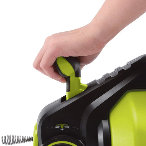 Close-up of hand gripping handle on Cordless Automatic Drain Auger With Ionmax Power Core Tool No Battery Or Charger Lightweight 7.6 Lbs