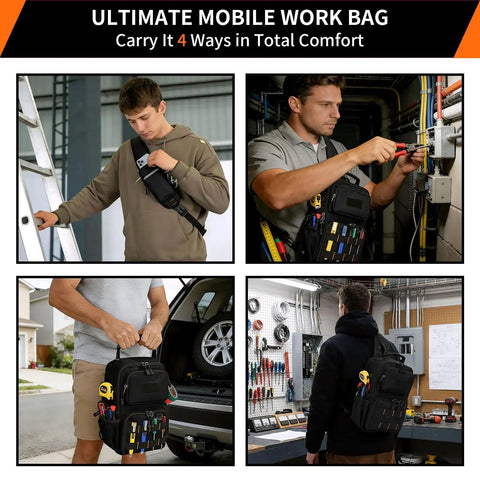Kickass Heavy Duty Tool Chest Bag For Electricians And Hvacs Fits 21 Volt Drills Plus Multimeters In Tight Crawlspace Ladder Sites With Secure Three Point Harness