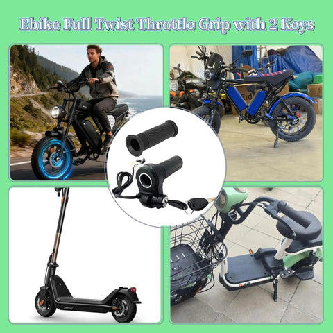 Full Twist Throttle Grip With 2 Keys for Ridstar Electric Bikes, ergonomic handle in black, shown with various vehicles.