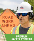 Man wearing Crossfire Cumulus Premium Safety Eyewear with Aluminum Gray Frame and Smoke Lenses at construction site