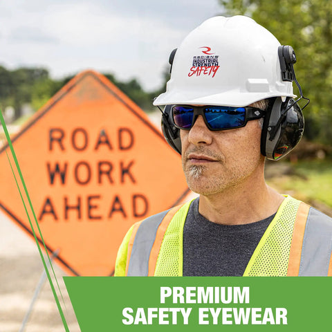 Man wearing Crossfire Cumulus Premium Safety Eyewear with Aluminum Gray Frame and Smoke Lenses at construction site