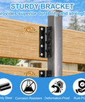 Close-up of 6 Pack T Post Mounting Brackets for Target Hangers on wood, showing heavy duty carbon steel in rain.