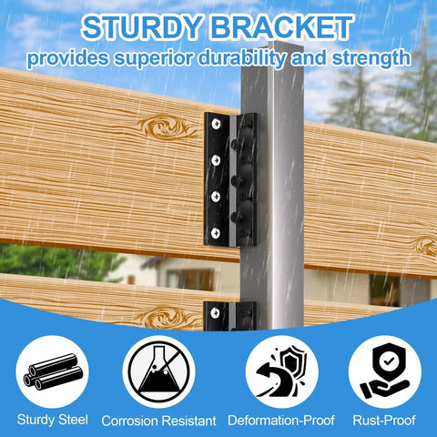 Close-up of 6 Pack T Post Mounting Brackets for Target Hangers on wood, showing heavy duty carbon steel in rain.