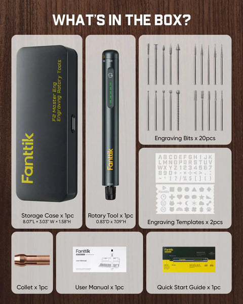 Cordless Engraving Pen Kit With 5 Variable Speeds, Pro Grade Rechargeable Engraver Pen With 20 Bit Set For Metal Wood Glass Plastic, Ultra Quiet Brushless Motor, Portable Rotary Tool For Artists And DIYers, showing kit contents including rotary tool, storage case, and 20 engraving bits.
