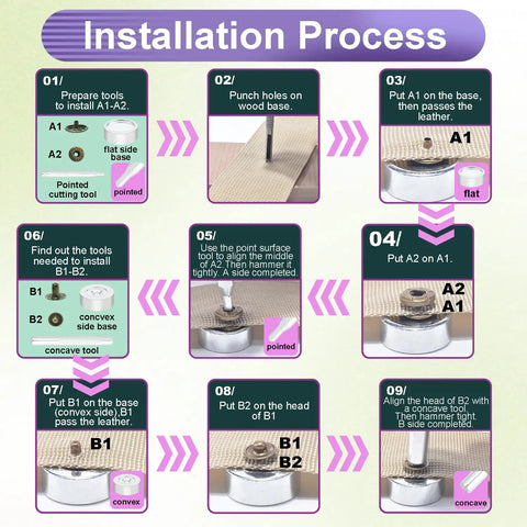 Installation process for 100 Sets Leather Snap Fasteners Kit With 10mm Metal Snaps
