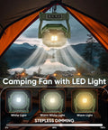 Must Have All In One Portable Fan With LED Lantern 20000mAh Battery Four Speeds shown in a tent with dimming feature