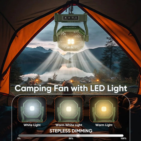 Must Have All In One Portable Fan With LED Lantern 20000mAh Battery Four Speeds shown in a tent with dimming feature