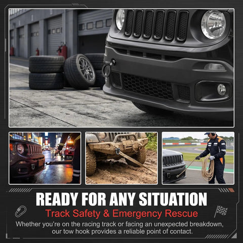 Straight Up Tough Car Front Bumper Tow Hook And Racing Style Screw On Trailer Pull Ring Heavy Duty Alloy Foldable D Ring For Universal European Thread Rigs Black mounted on vehicle for recovery use.