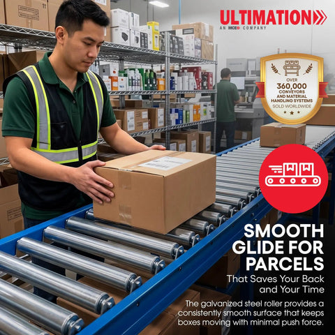 Tough 10 Inch Roller Bracket Set Galvanized Steel 1.5 Inch Diameter Smooth As Butter Glide For Moving Bulk Gear Or Kayaks Dead Simple Install No Drama Required Heavy Duty Rack Pack Of 2 in use for transporting boxes on a conveyor.