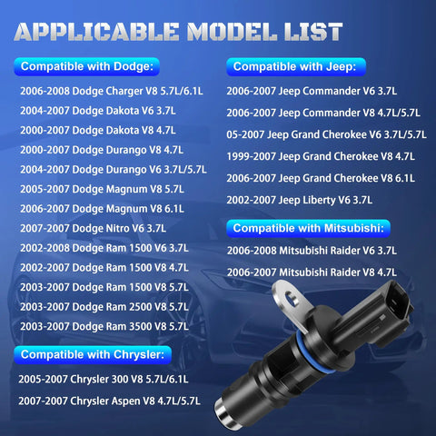 Dodge Camshaft Position Sensor For Ram 1500 4.7 5.7 V8 2000-2007 Replacement Replaces 299810282 235-1232 5073599AA Easy Install OE-Style Fit For Dakota Durango Charger Jeep Grand Cherokee Liberty, compatible models chart