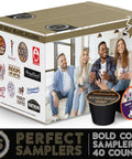Bold Dark Roast Coffee Pods Variety Pack 40 Count For Keurig K Cup Machines Single Serve Cups World Roasts French Roast Espresso Roast Italian Roast Rich Flavor box with logos.