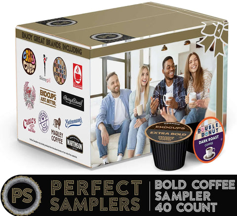 Bold Dark Roast Coffee Pods Variety Pack 40 Count For Keurig K Cup Machines Single Serve Cups World Roasts French Roast Espresso Roast Italian Roast Rich Flavor box with logos.