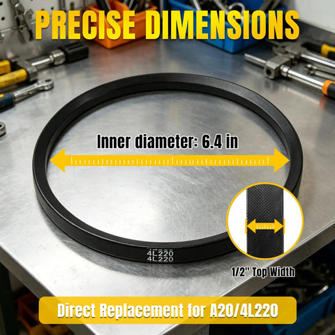 Half Inch By Twenty Two Inch A20 4L220 V Belt Heavy Duty Aramid Fiber, precision 6.4 in diameter on workbench