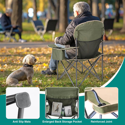 Man seated on green Foldable Camping Chair With Cup Holder, Non Slip Feet, heavy-duty steel frame, in park setting.