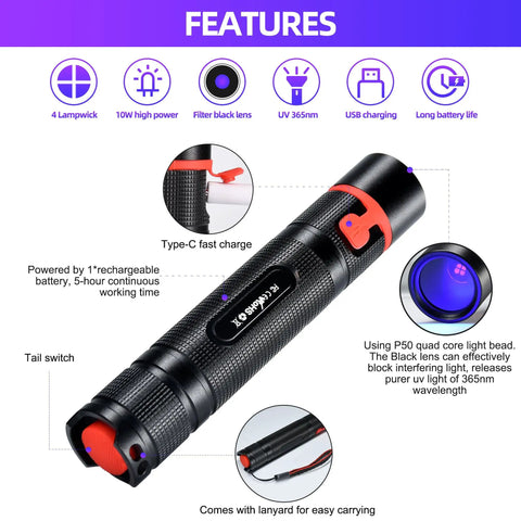 Features of UltraBright 365nm UV Flashlight Black Light Mini USB Rechargeable Ultraviolet Spotlight For Pet Urine Detection Rocks Leaks Resin Curing And Hidden Stains That Ordinary Lights Miss