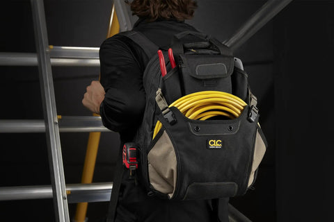 Rugged Carpenter Tool Backpack With 44 Pockets And Padded Back Support For Comfort Dual Main Compartments For Tools And Drill External Pocket For Hard Hat Heavy Duty Gear For Pros And DIY Projects