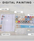Paint By Numbers Kit For Adults Beginner Guitar Desert Camp Set with paints, brushes, canvas, color table, and hooks