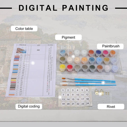 Paint By Numbers Kit For Adults Beginner Guitar Desert Camp Set with paints, brushes, canvas, color table, and hooks