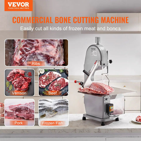 Beast 1500W Stainless Steel Meat Bandsaw For Home Butchering Countertop Bone Saw With 6 Blades cutting ribs on table