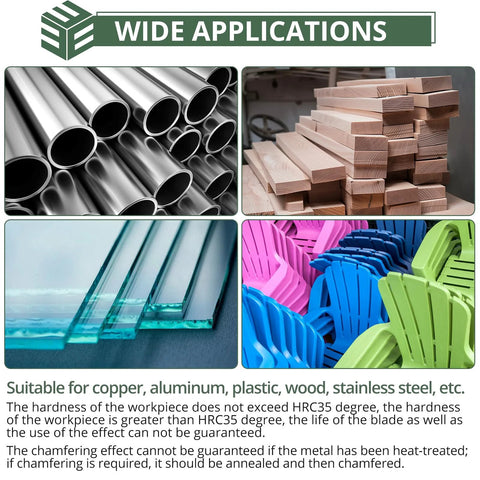 Wide Applications collage showing metal pipes, stacked lumber, glass panels, and colorful plastic chairs.
