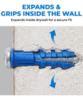 Drywall Anchors and Screws Kit with Drill Bit for a Strong Hold in Walls, ribbed plastic anchor expands in drywall