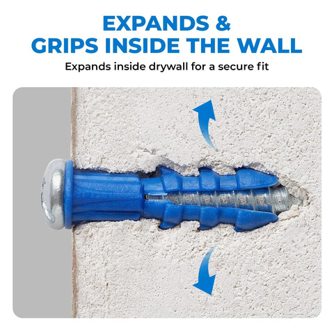 Drywall Anchors and Screws Kit with Drill Bit for a Strong Hold in Walls, ribbed plastic anchor expands in drywall