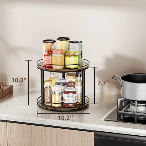 10.2 Inch Wood Lazy Susan Turntable Organizer For Cabinet And Countertop 2 Tier Spice Rack with spices on kitchen counter