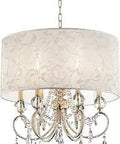 Aurora Ceiling Light Fixture With Double Layer Shade, Sheer Outer Layer, Gold Trim, Crystal Strands, White Fabric Inner Shade