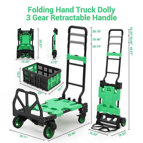 2-in-1 folding hand truck with foldable basket, green and black, four wheels and retractable handle