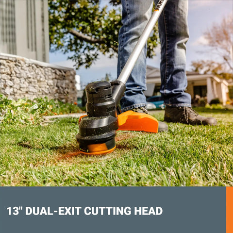 Ultra Lightweight 40V Cordless String Trimmer Weed Eater With 13 Inch Dual Exit Cutting Head in use on grass