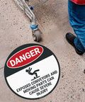 Warning Floor Decal For Machinery Areas Danger Exposed Conveyors And Moving Parts Can Cause Severe Injury on floor
