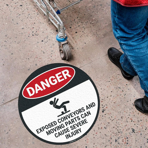 Warning Floor Decal For Machinery Areas Danger Exposed Conveyors And Moving Parts Can Cause Severe Injury on floor