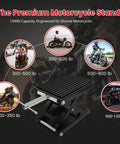 Beefed Up 1300 Lbs Motorcycle Jack With Thick 0.48 Inch Rubber Pad And Upgraded Anti Slip Bottom Wide Deck Carbon Steel Dirt Bike Center Stand With Chain Brush And T Handle For ATV Black shown with capacity range for diverse motorcycles.