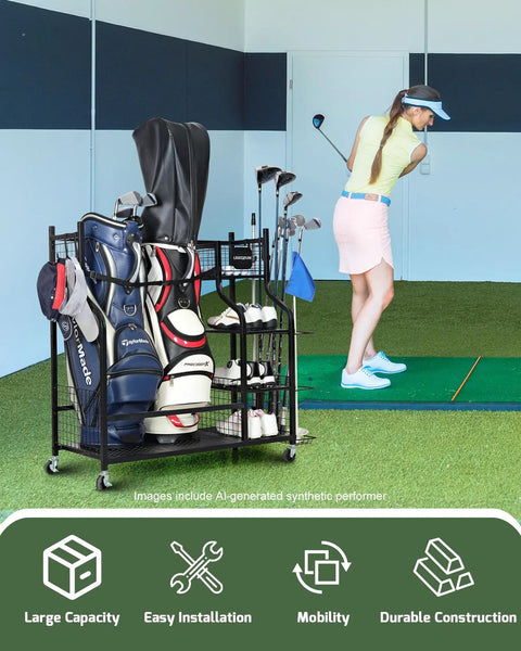 Heavy Duty Golf Bag Storage Rack With Rolling Wheels For Garage Or Clubhouse Durable Metal Stand Holds 2 Full Size Golf Bags And Gear