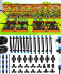 Drip Irrigation System 230Ft Garden Watering Kit With Quick Connect Fittings for Raised Beds and Greenhouse, with emitters and tubing.