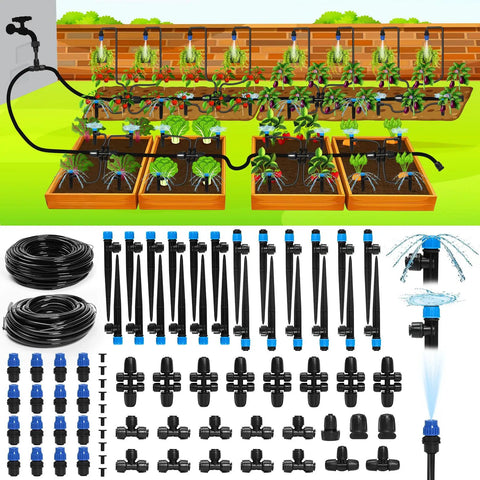 Drip Irrigation System 230Ft Garden Watering Kit With Quick Connect Fittings for Raised Beds and Greenhouse, with emitters and tubing.