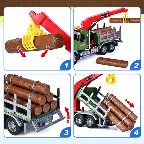 Farm Logging Truck Toy With Loading Crane And 6 Wood Trunks Lights And Sounds Friction Powered 15 Inch Vehicle For Kids ages 3-8