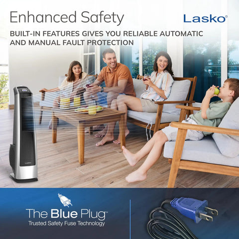 Family in living room with High Velocity Oscillating Tower Fan With Remote Timer And 3 Speed Settings Delivers Up To 509 CFM