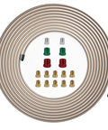 MuHize 3/16-inch brake line, 25 ft copper-nickel tubing, with 16 assorted fittings, coiled on display