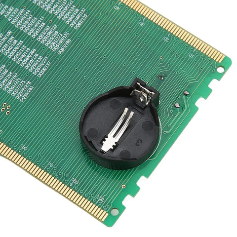 Close-up of DDR4 Memory Diagnostic Tool For Desktop PCs With LED Indicator No Fuss Memory Troubleshooter, visible circuit layout.