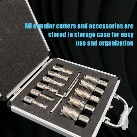 Techhyren 6-piece annular cutter set in a foam-lined case; M2 HSS cutters, 7/16in–1-1/16in diameters.