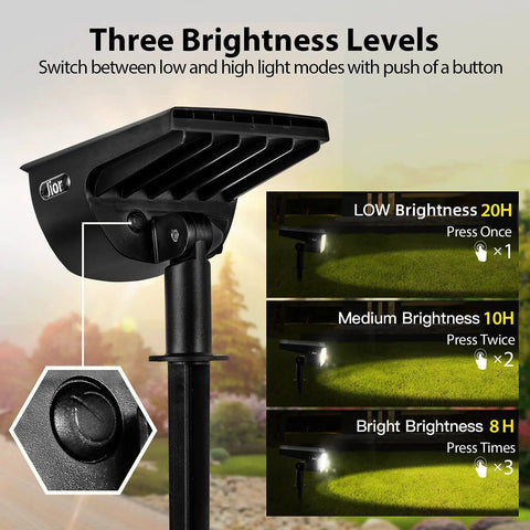 Close-up of Solar Landscape Spotlight Kit With 32 LED Outdoor Wall Lights IP65 Waterproof 4 Pack showing brightness levels.