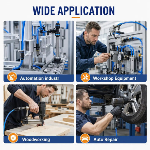 Snag This 10 Piece Pneumatic Quick Connect Kit With Push To Connect Air Line Fitting Plug Adapters In Cap Style For 1/4 5/16 3/8 And 1/2 Inch Tubing That Rock Solid Build For All Your Heavy Duty Projects. used in automation, workshop, woodworking and auto repair